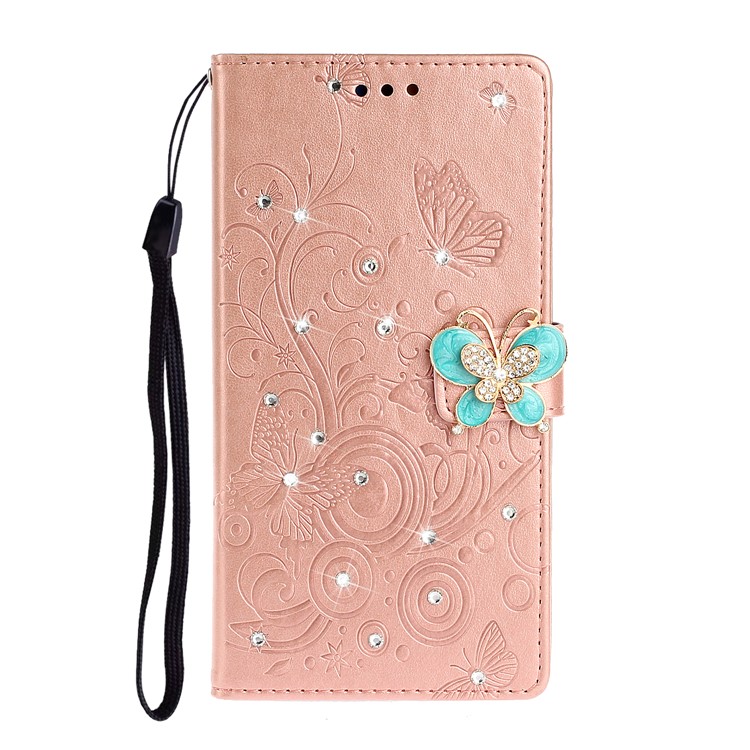 Imprint Butterfly Rhinestone Decor Wallet Leather Case for Samsung Galaxy A71 A715 - Rose Gold-1