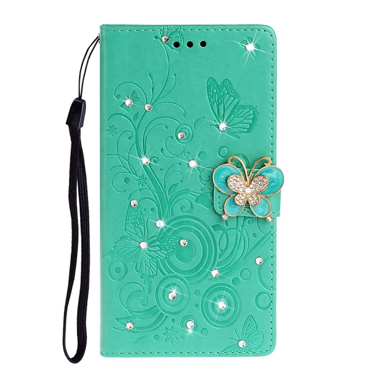 Imprint Butterfly Rhinestone Decor Wallet Leather Case for Samsung Galaxy A71 A715 - Green-1