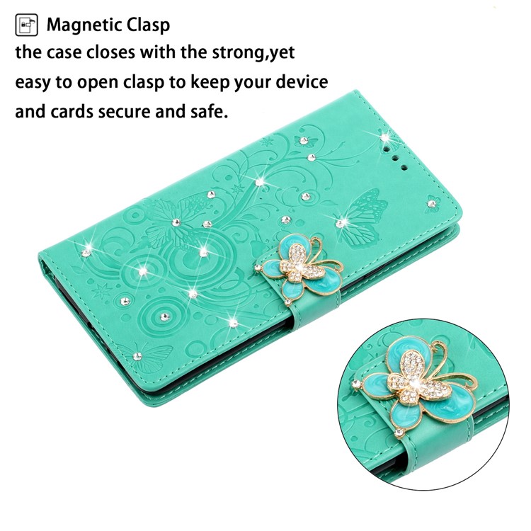 Imprint Butterfly Rhinestone Decor Wallet Leather Case for Samsung Galaxy A71 A715 - Green-4