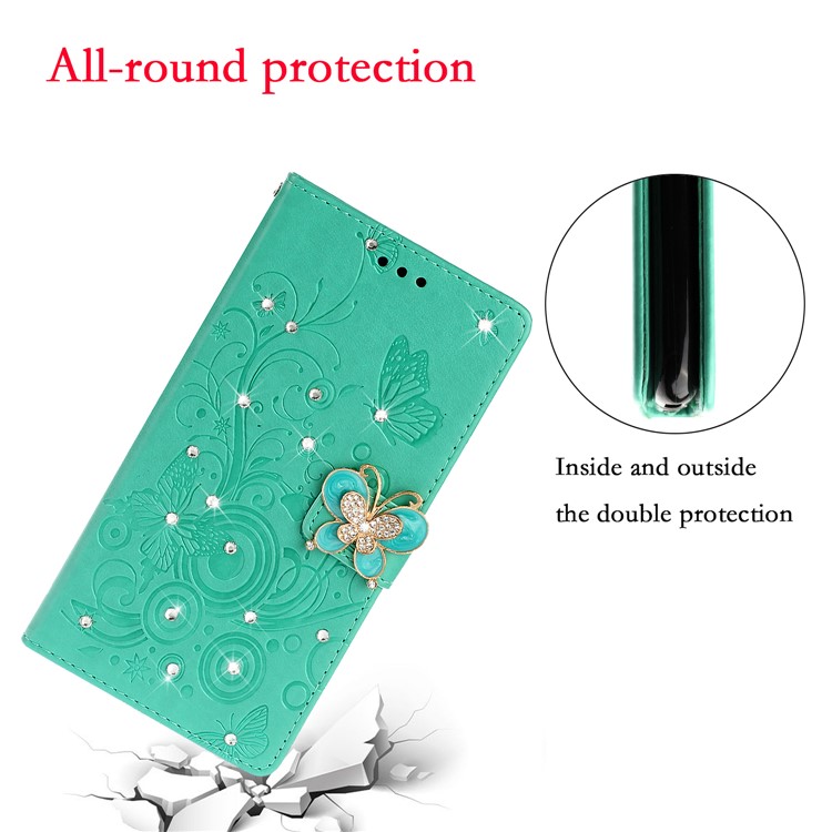 Imprint Butterfly Rhinestone Decor Wallet Leather Case for Samsung Galaxy A71 A715 - Green-5