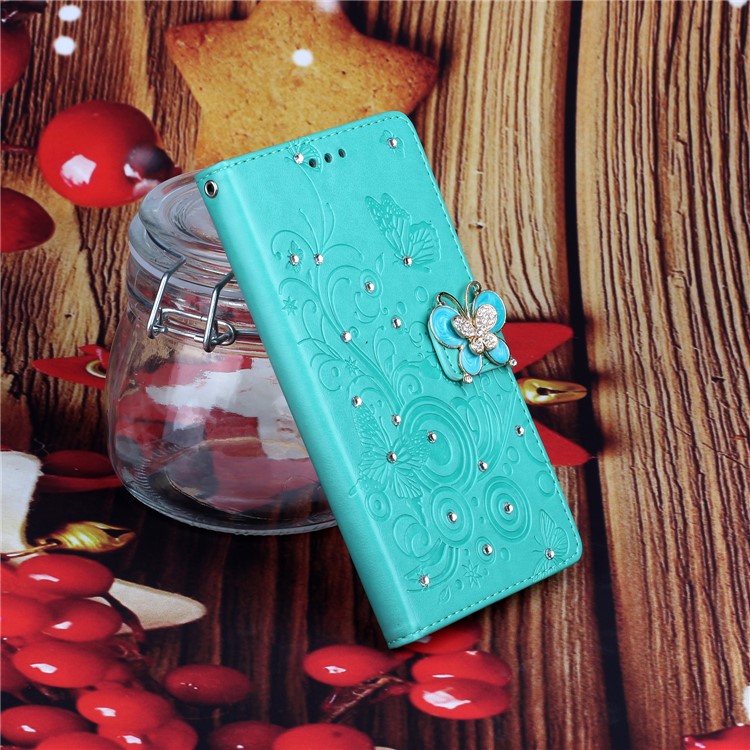 Imprint Butterfly Rhinestone Decor Wallet Leather Case for Samsung Galaxy A71 A715 - Green-7