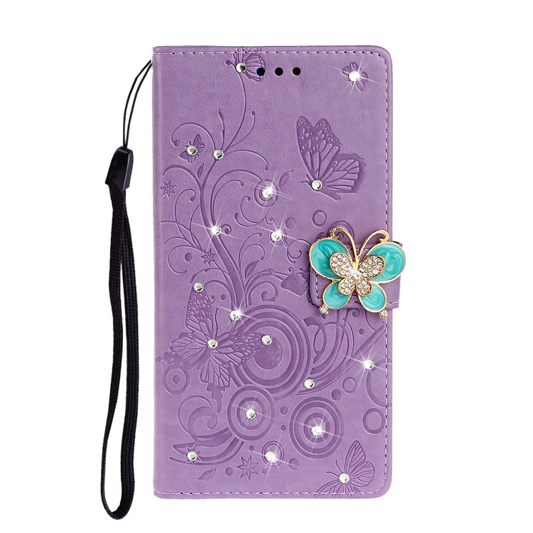 Imprint Butterfly Rhinestone Decor Wallet Leather Case for Samsung Galaxy A71 A715 - Purple-1