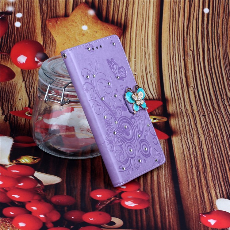 Imprint Butterfly Rhinestone Decor Wallet Leather Case for Samsung Galaxy A71 A715 - Purple-7