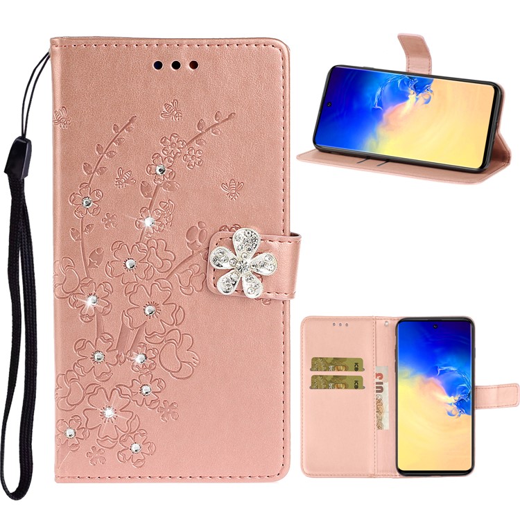 Imprint Plum Blossom Leather Flip Shell with Rhinestone Decor for Samsung Galaxy A51 - Rose Gold-1