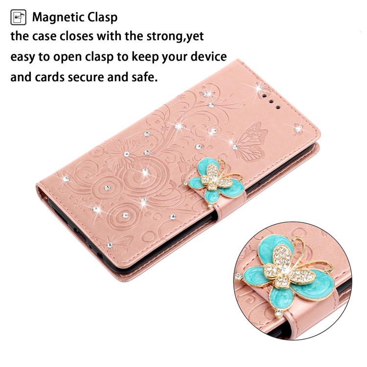 Imprint Butterfly Rhinestone Decor Wallet Leather Phone Casing for Samsung Galaxy A51 - Rose Gold-5