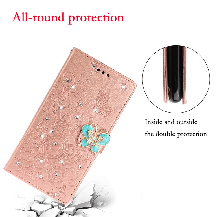 Imprint Butterfly Rhinestone Decor Wallet Leather Phone Casing for Samsung Galaxy A51 - Rose Gold-6