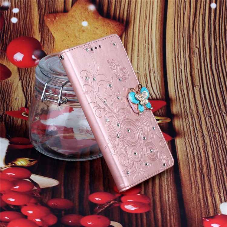 Imprint Butterfly Rhinestone Decor Wallet Leather Phone Casing for Samsung Galaxy A51 - Rose Gold-8