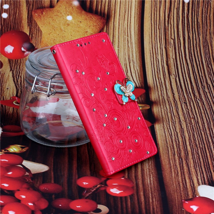 Imprint Butterfly Rhinestone Decor Wallet Leather Phone Casing for Samsung Galaxy A51 - Red-7