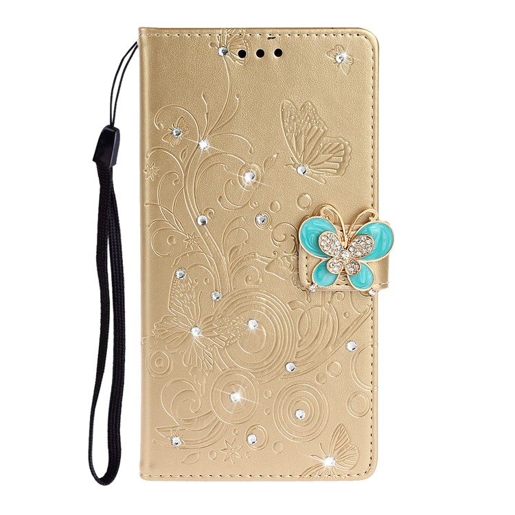 Imprint Butterfly Rhinestone Decor Wallet Leather Phone Casing for Samsung Galaxy A51 - Gold-1
