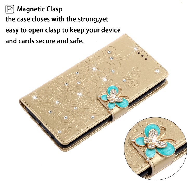Imprint Butterfly Rhinestone Decor Wallet Leather Phone Casing for Samsung Galaxy A51 - Gold-4