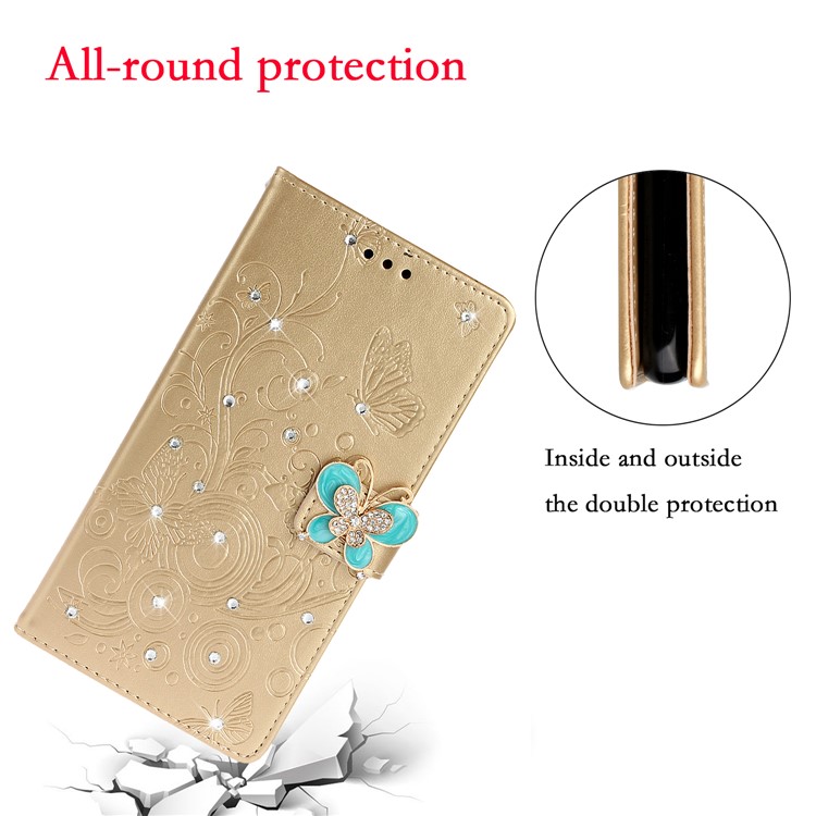 Imprint Butterfly Rhinestone Decor Wallet Leather Phone Casing for Samsung Galaxy A51 - Gold-5