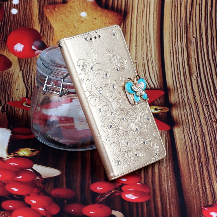 Imprint Butterfly Rhinestone Decor Wallet Leather Phone Casing for Samsung Galaxy A51 - Gold-7