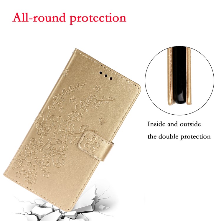 Imprint Plum Blossom Wallet Stand Flip Leather Cover for Samsung Galaxy A51 - Gold-5