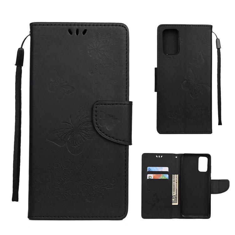 Imprint Butterfly Flower Leather Wallet Cover Case for Samsung Galaxy S20 Plus - Black-1