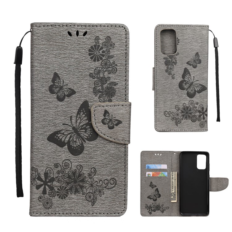 Imprint Butterfly Flower Leather Wallet Cover Case for Samsung Galaxy S20 Plus - Grey-1
