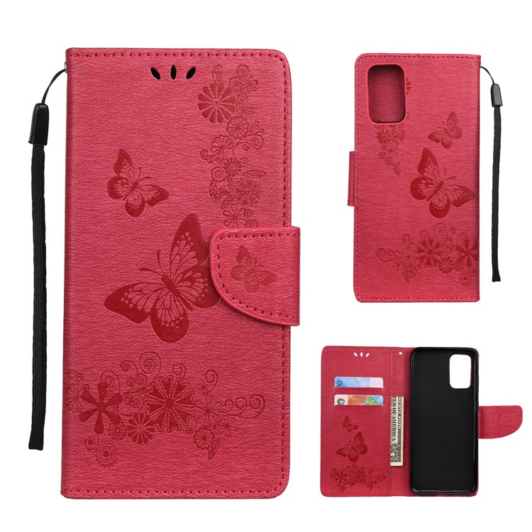 Imprint Butterfly Flower Leather Wallet Cover Case for Samsung Galaxy S20 Plus - Red-1