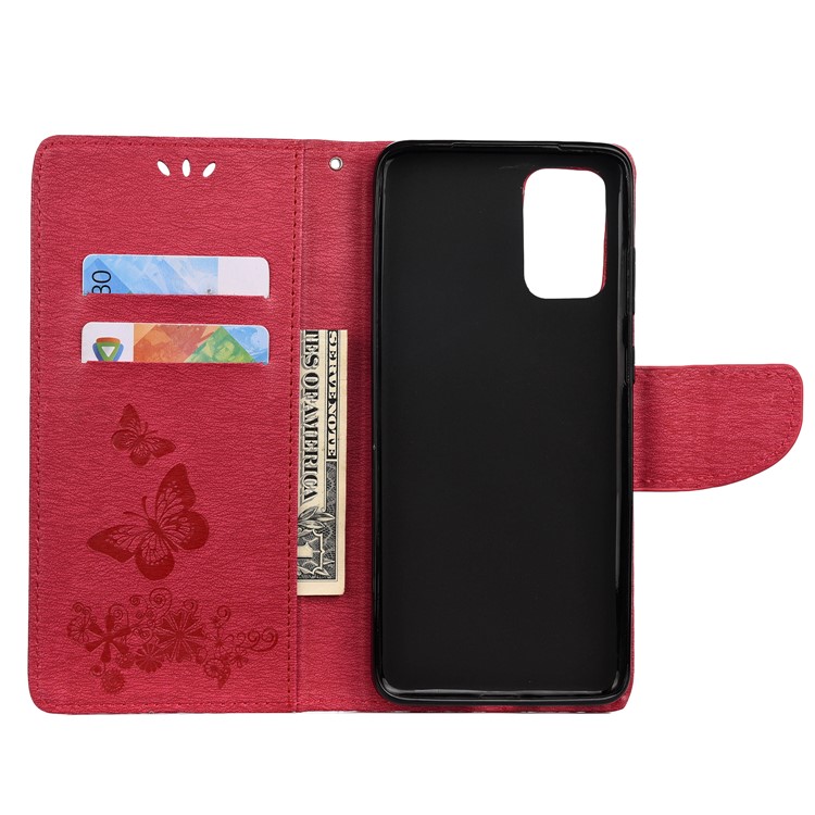 Imprint Butterfly Flower Leather Wallet Cover Case for Samsung Galaxy S20 Plus - Red-4