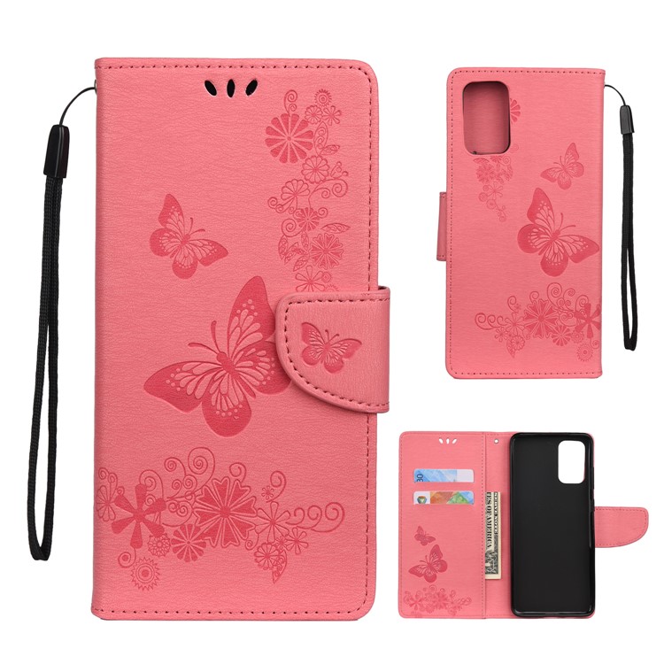 Imprint Butterfly Flower Leather Wallet Cover Case for Samsung Galaxy S20 Plus - Pink-1