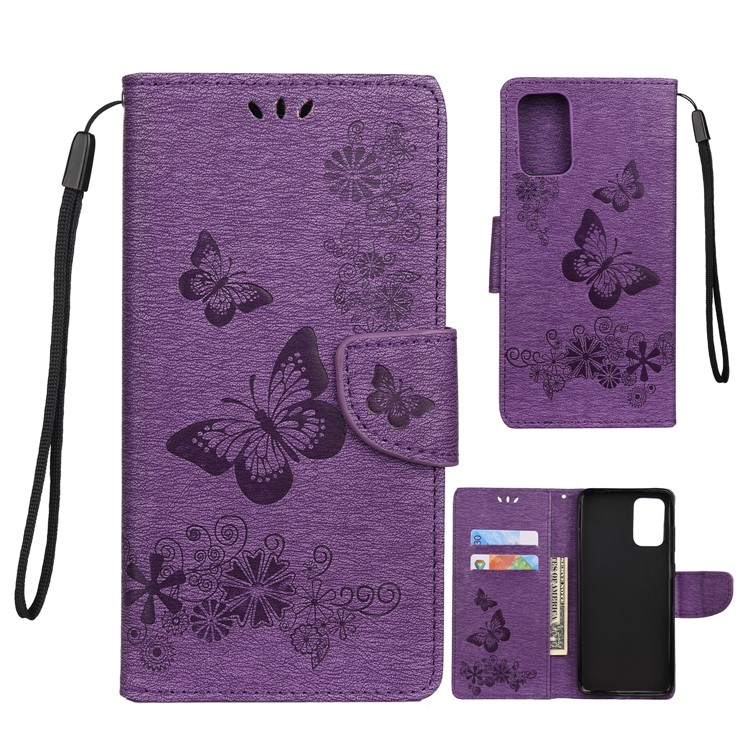 Imprint Butterfly Flower Leather Wallet Cover Case for Samsung Galaxy S20 Plus - Purple-1