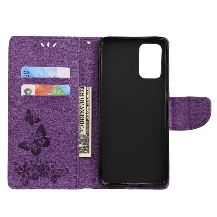 Imprint Butterfly Flower Leather Wallet Cover Case for Samsung Galaxy S20 Plus - Purple-4