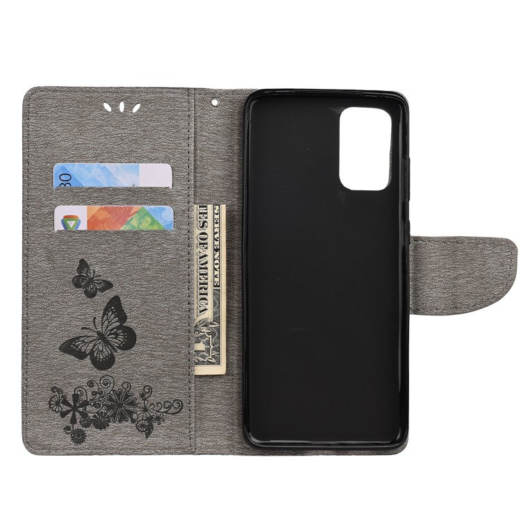 Imprint Butterfly Flower Leather Wallet Phone Case for Samsung Galaxy S20 - Grey-4