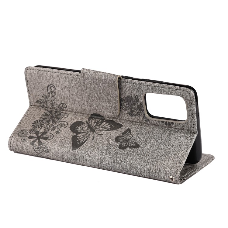 Imprint Butterfly Flower Leather Wallet Phone Case for Samsung Galaxy S20 - Grey-6