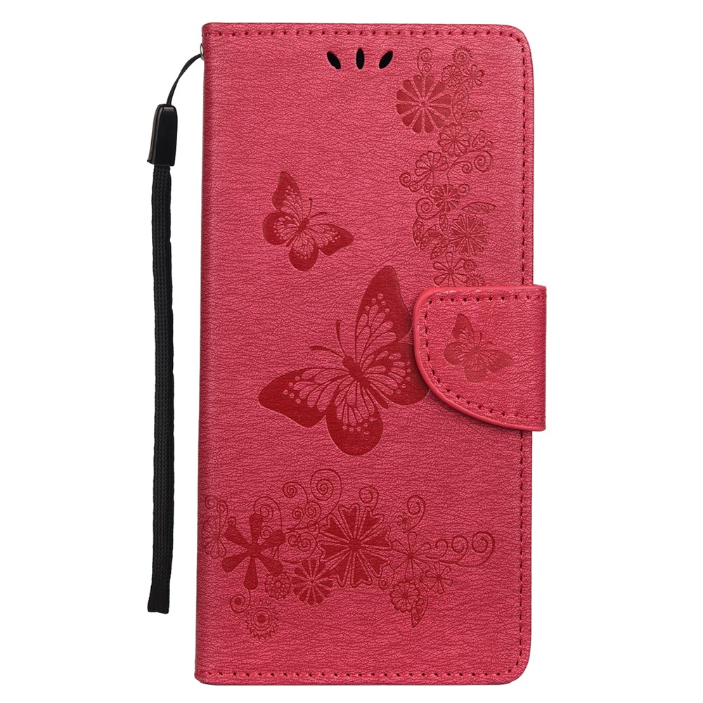Imprint Butterfly Flower Leather Wallet Phone Case for Samsung Galaxy S20 - Red-2