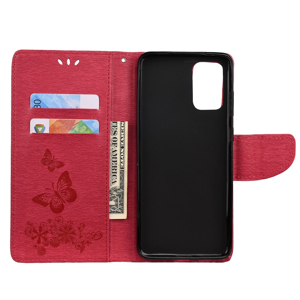 Imprint Butterfly Flower Leather Wallet Phone Case for Samsung Galaxy S20 - Red-4