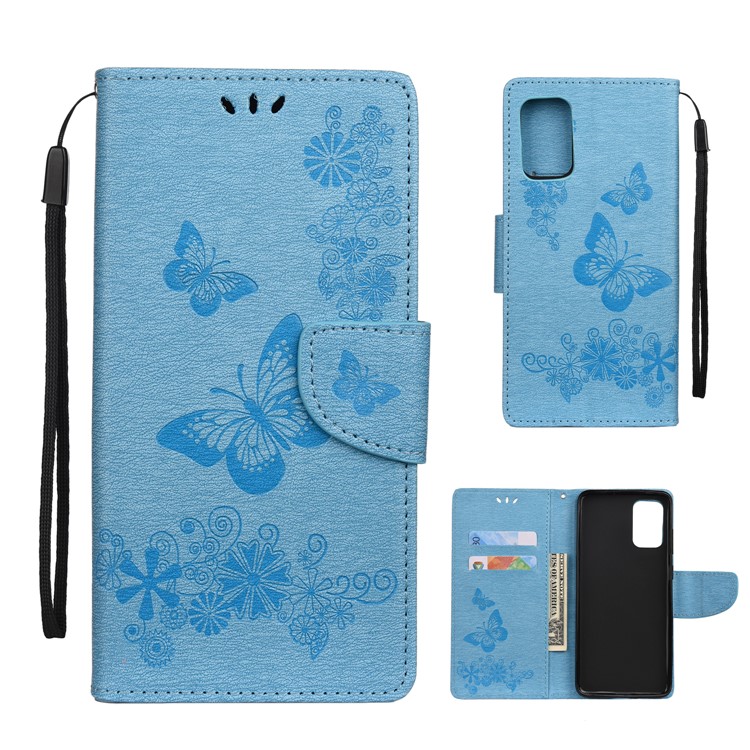 Imprint Butterfly Flower Leather Wallet Phone Case for Samsung Galaxy S20 - Blue-1