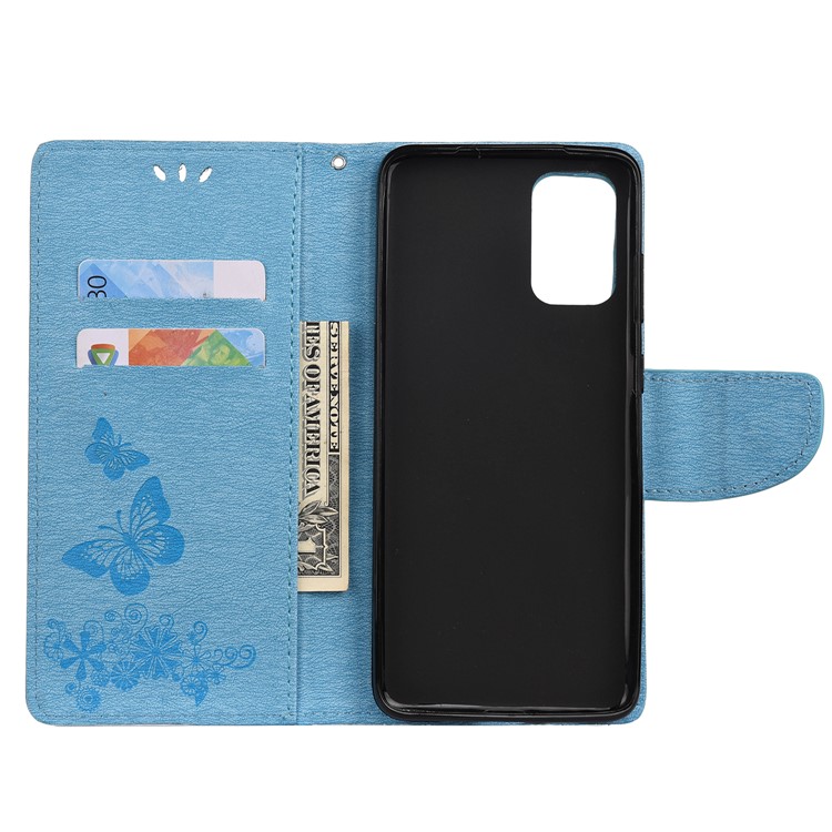 Imprint Butterfly Flower Leather Wallet Phone Case for Samsung Galaxy S20 - Blue-4
