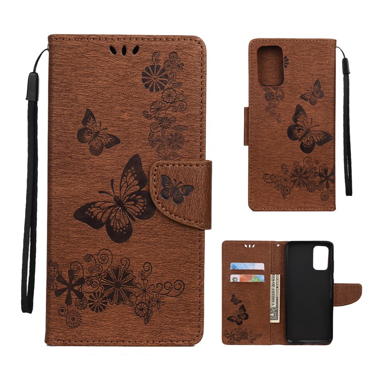 Imprint Butterfly Flower Leather Wallet Phone Case for Samsung Galaxy S20 - Brown-1