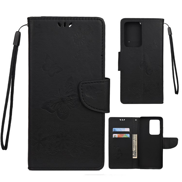 Imprint Butterfly Flower Leather Case for Samsung Galaxy S20 Ultra - Black-1