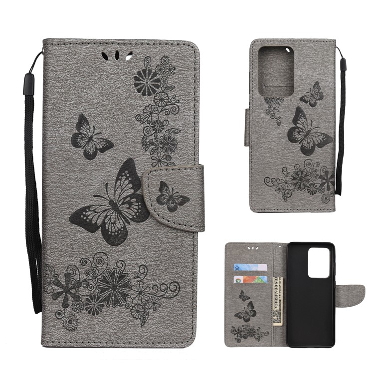 Imprint Butterfly Flower Leather Case for Samsung Galaxy S20 Ultra - Grey-1