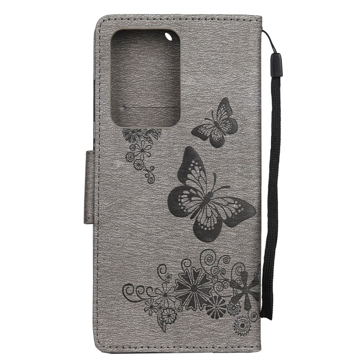 Imprint Butterfly Flower Leather Case for Samsung Galaxy S20 Ultra - Grey-3