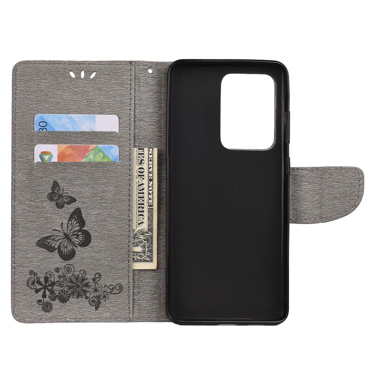 Imprint Butterfly Flower Leather Case for Samsung Galaxy S20 Ultra - Grey-4