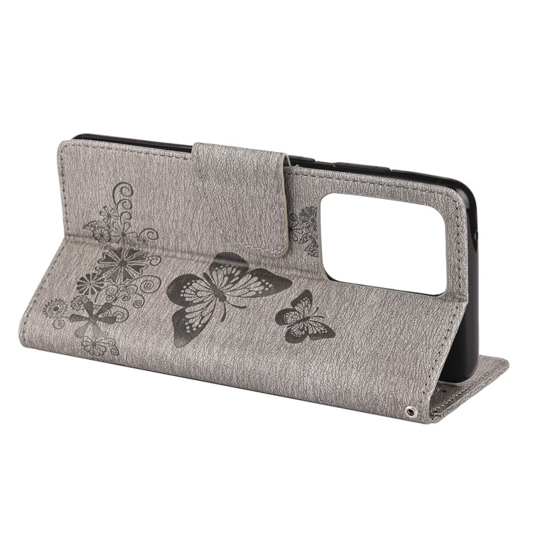 Imprint Butterfly Flower Leather Case for Samsung Galaxy S20 Ultra - Grey-6