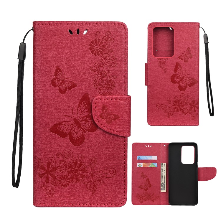 Imprint Butterfly Flower Leather Case for Samsung Galaxy S20 Ultra - Red-1