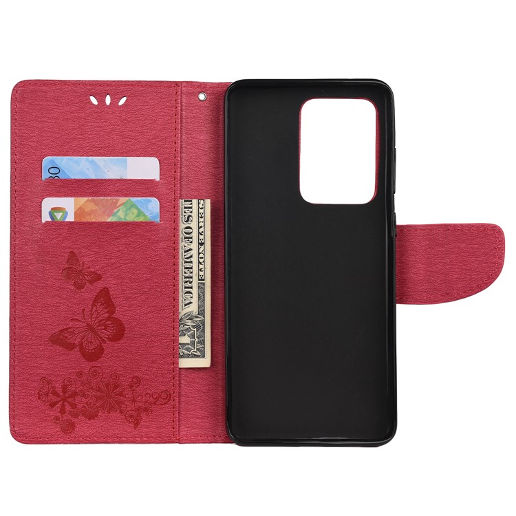 Imprint Butterfly Flower Leather Case for Samsung Galaxy S20 Ultra - Red-4