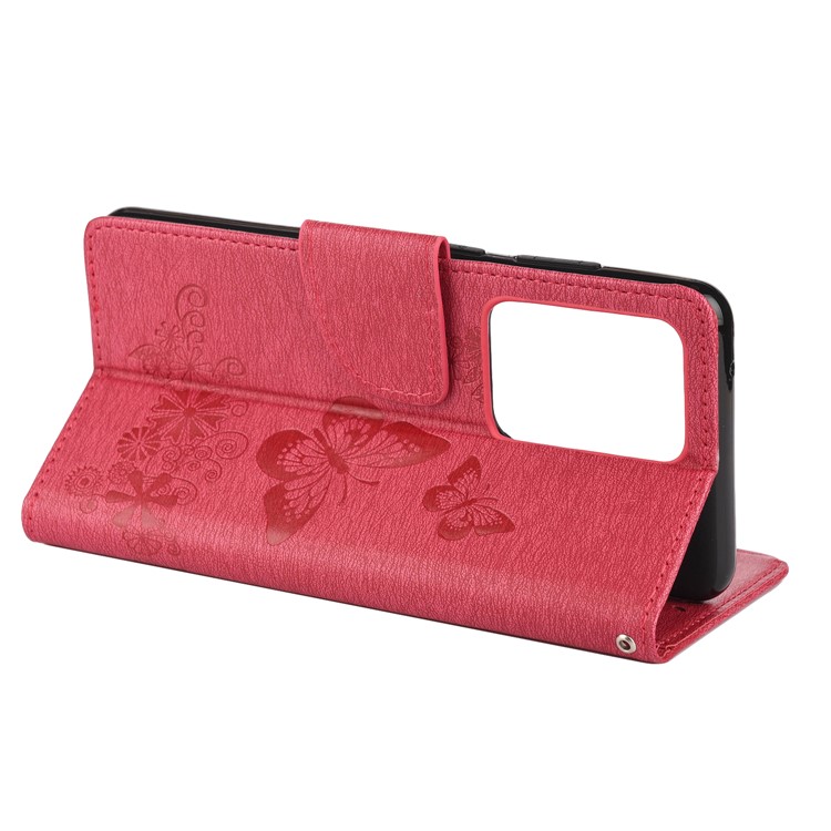 Imprint Butterfly Flower Leather Case for Samsung Galaxy S20 Ultra - Red-6