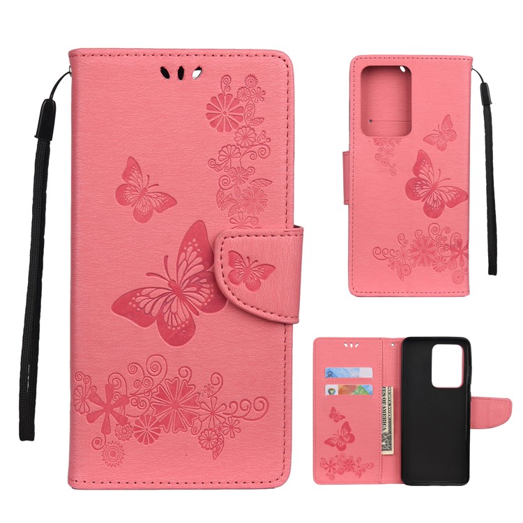 Imprint Butterfly Flower Leather Case for Samsung Galaxy S20 Ultra - Pink-1