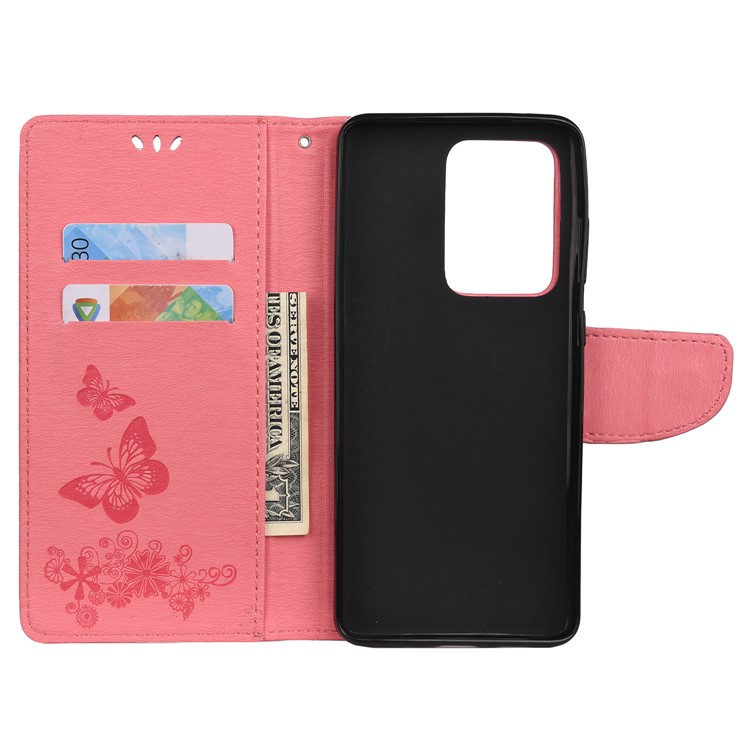 Imprint Butterfly Flower Leather Case for Samsung Galaxy S20 Ultra - Pink-4