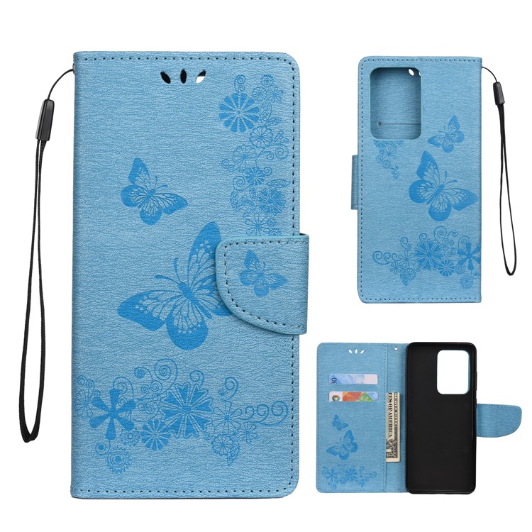 Imprint Butterfly Flower Leather Case for Samsung Galaxy S20 Ultra - Blue-1