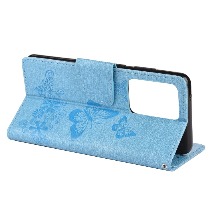 Imprint Butterfly Flower Leather Case for Samsung Galaxy S20 Ultra - Blue-6