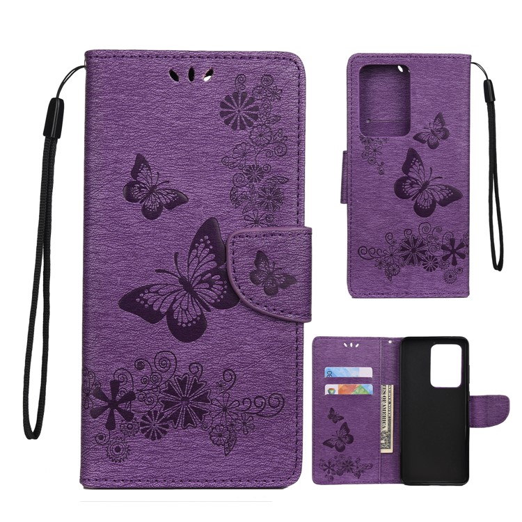 Imprint Butterfly Flower Leather Case for Samsung Galaxy S20 Ultra - Purple-1