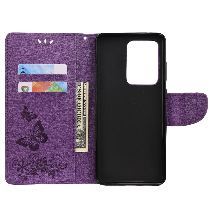 Imprint Butterfly Flower Leather Case for Samsung Galaxy S20 Ultra - Purple-4