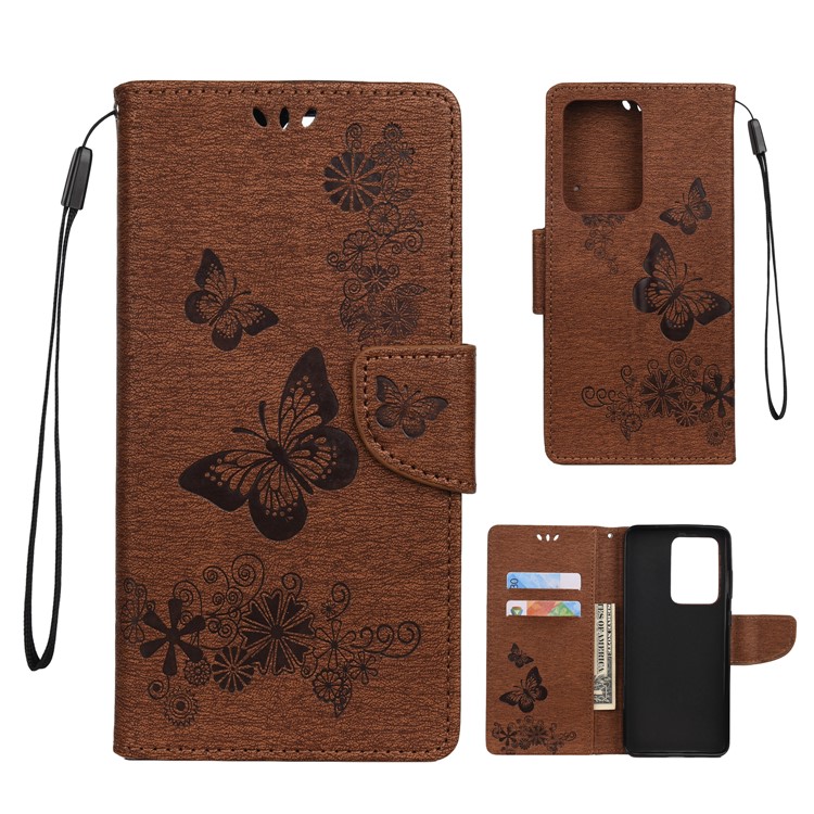 Imprint Butterfly Flower Leather Case for Samsung Galaxy S20 Ultra - Brown-1