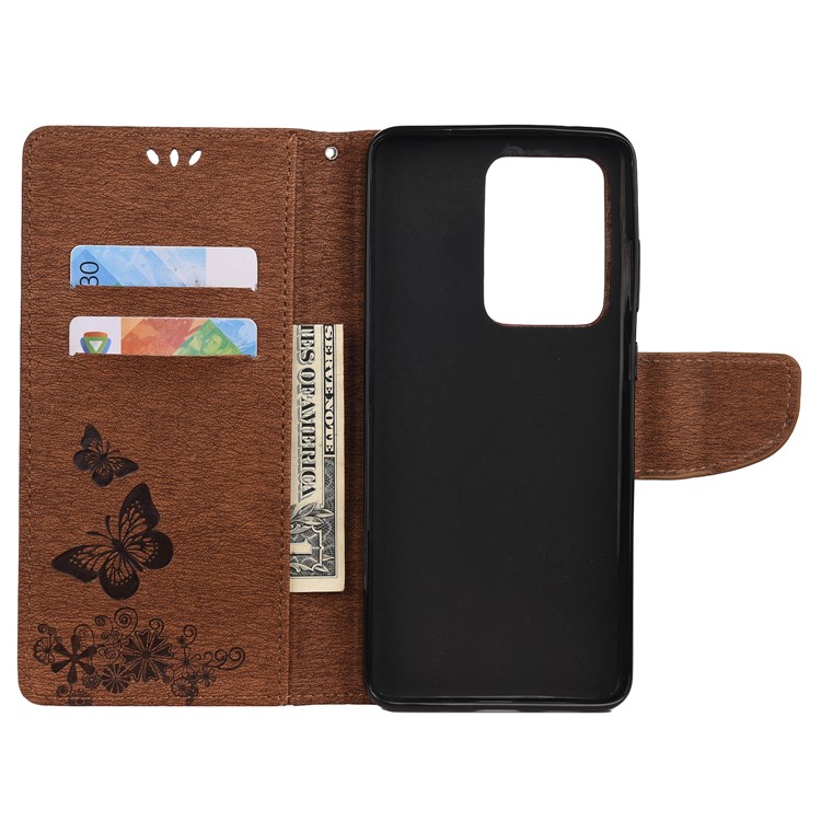 Imprint Butterfly Flower Leather Case for Samsung Galaxy S20 Ultra - Brown-4