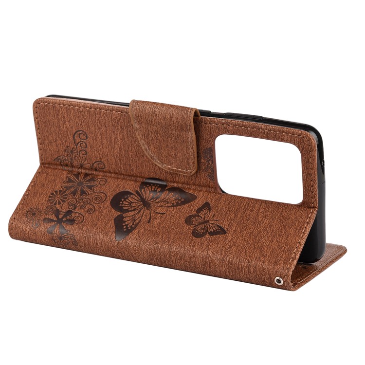Imprint Butterfly Flower Leather Case for Samsung Galaxy S20 Ultra - Brown-6