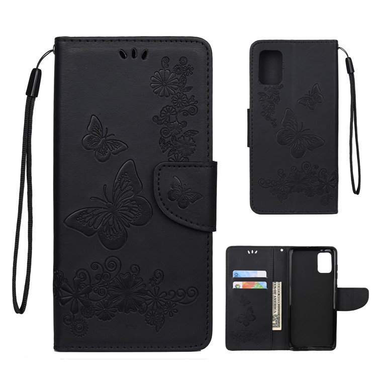 Imprint Butterfly Flower Leather Phone Shell Wallet Case for Samsung Galaxy A71 - Black-1