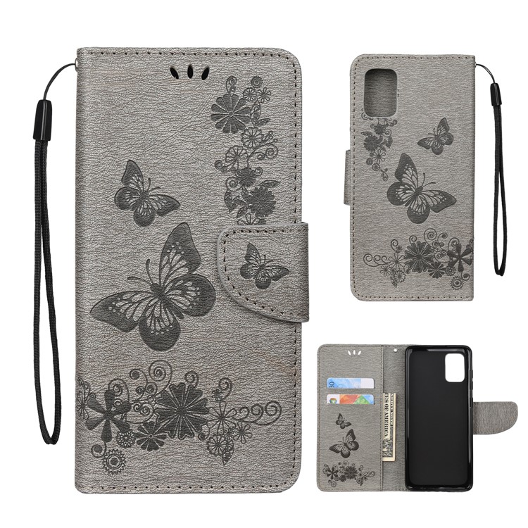 Imprint Butterfly Flower Leather Phone Shell Wallet Case for Samsung Galaxy A71 - Grey-1